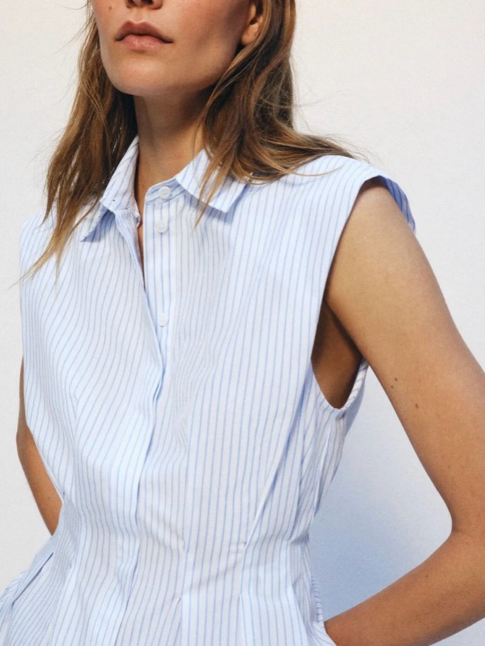 NWT Zara Light Blue Pinstripe Sleeveless Button-Down Shirt | Coastal Chic | XL
